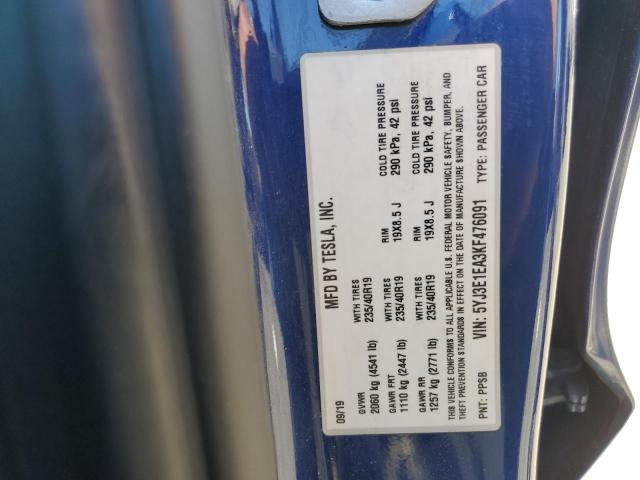5YJ3E1EA3KF476091 - 2019 TESLA MODEL 3 Синий фото 12