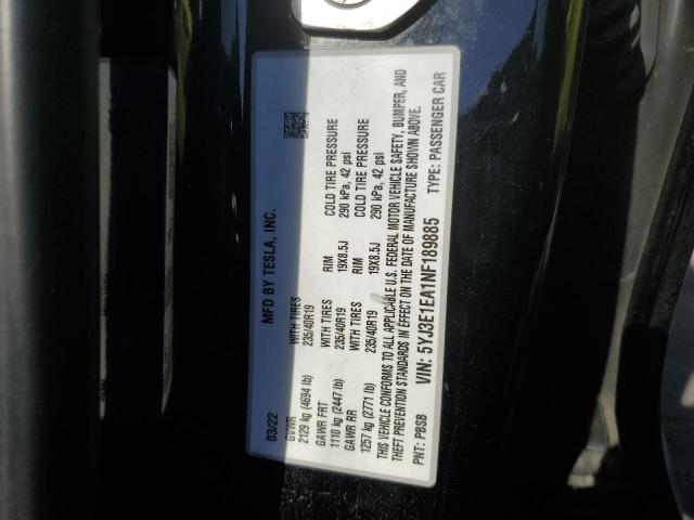 5YJ3E1EA1NF189885 - 2022 TESLA MODEL 3 BLACK photo 13