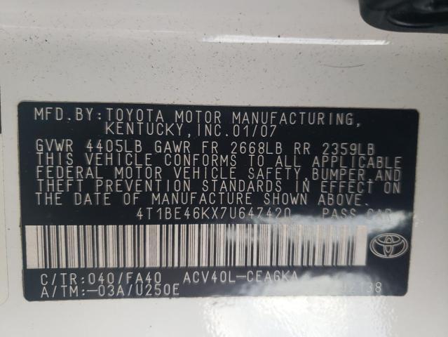 4T1BE46KX7U647420 - 2007 TOYOTA CAMRY CE WHITE photo 13