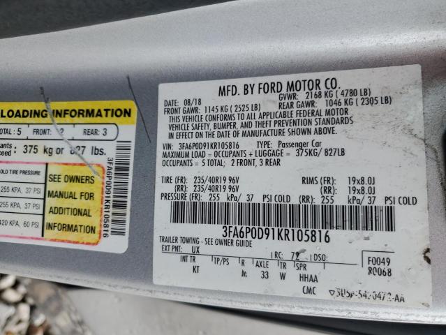 3FA6P0D91KR105816 - 2019 FORD FUSION TITANIUM فضي صورة 13