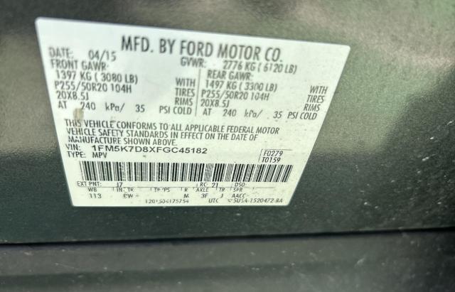 1FM5K7D8XFGC45182 - 2015 FORD EXPLORER XLT ნაცრისფერი ფოტო 10