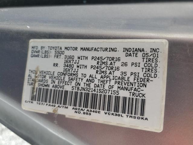 5TBJN32141S207155 - 2001 TOYOTA TUNDRA BLACK photo 12
