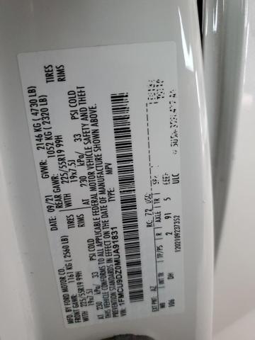 1FMCU9DZ0MUA91831 - 2021 FORD ESCAPE TITANIUM WHITE photo 12