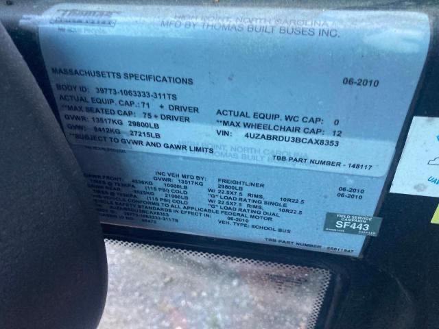 4UZABRDUBCAX8353 - 2012 FREIGHTLINER CHASSIS B2 黄色 照片 10