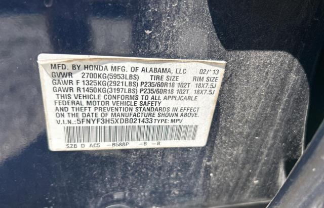 5FNYF3H5XDB021433 - 2013 HONDA PILOT EXL Mavi foto 10