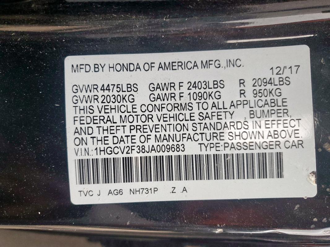 1HGCV2F38JA009683 - 2018 HONDA ACCORD SPORT Noir photo 12