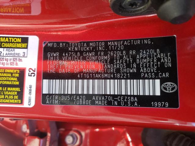 4T1G11AK6MU418221 - 2021 TOYOTA CAMRY SE RED photo 13