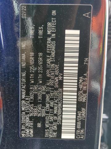 5TDHZRBH9NS200038 - 2022 TOYOTA HIGHLANDER XLE BLUE photo 12