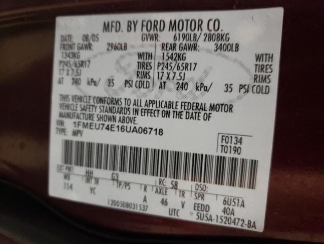 1FMEU74E16UA06718 - 2006 FORD EXPLORER EDDIE BAUER BURGUNDY photo 14