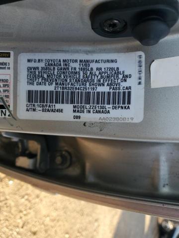 2T1BR32E94C251197 - 2004 TOYOTA COROLLA CE SILVER photo 12