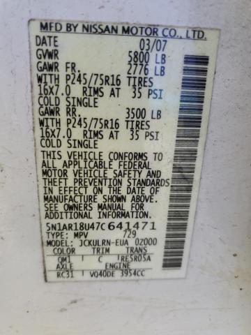 5N1AR18U47C641471 - 2007 NISSAN PATHFINDER LE WHITE photo 13