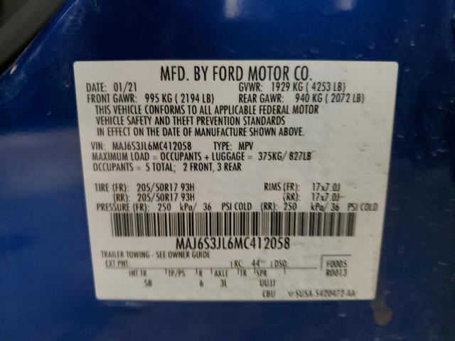 MAJ6S3JL6MC412058 - 2021 FORD ECOSPORT SES BLUE photo 14