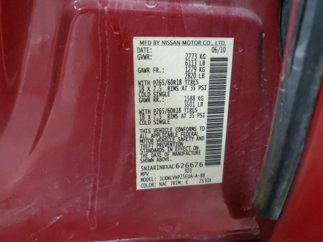 5N1AR1NBXAC626676 - 2010 NISSAN PATHFINDER S RED photo 13