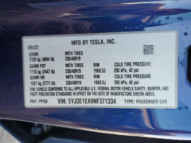 5YJ3E1EA9NF371334 - 2022 TESLA MODEL 3 ლურჯი ფოტო 12