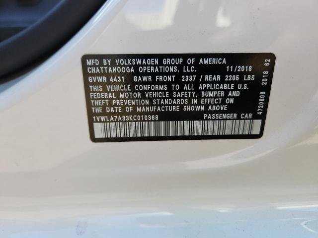 1VWLA7A33KC010368 - 2019 VOLKSWAGEN PASSAT WOLFSBURG Белый фото 12