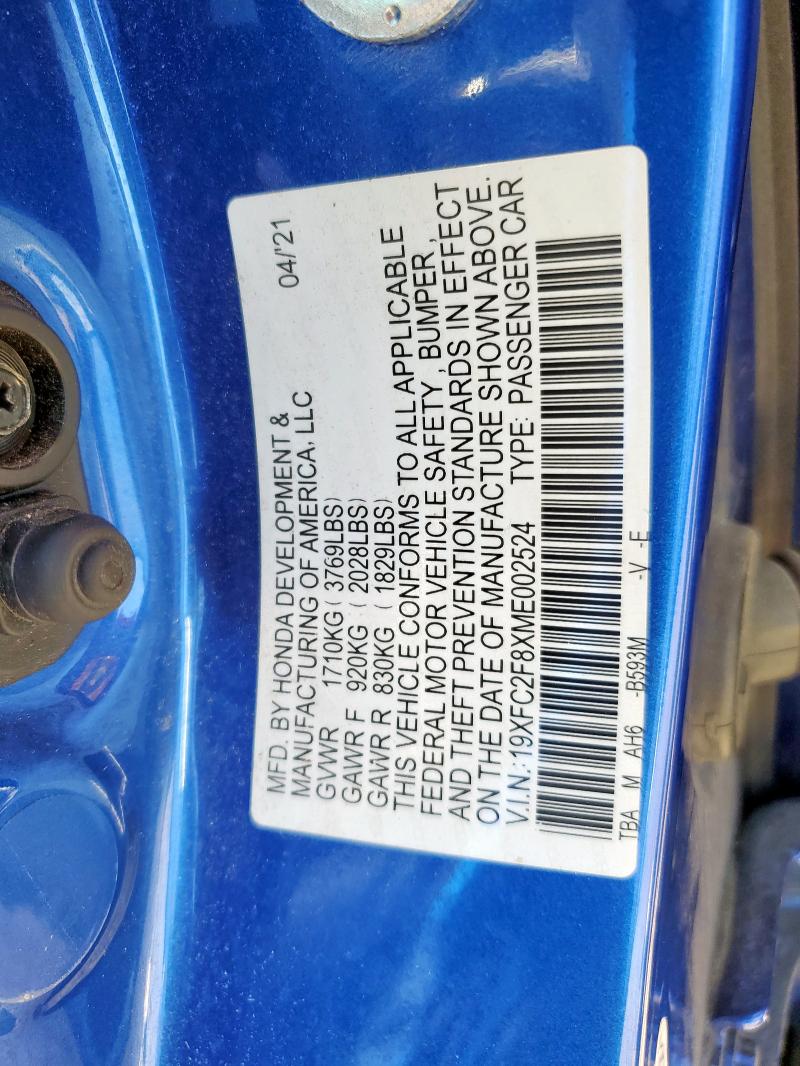 19XFC2F8XME002524 - 2021 HONDA CIVIC SPORT Mavi foto 12