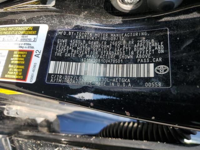 4T1BK3DB1CU470501 - 2012 TOYOTA AVALON BASE Чорний фото 12