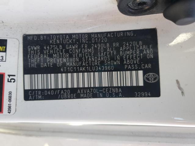4T1C11AK1LU343960 - 2020 TOYOTA CAMRY LE WHITE photo 13