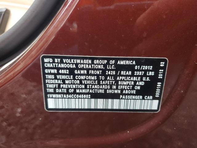 1VWBN7A34CC045602 - 2012 VOLKSWAGEN PASSAT SE 勃艮第红 照片 13