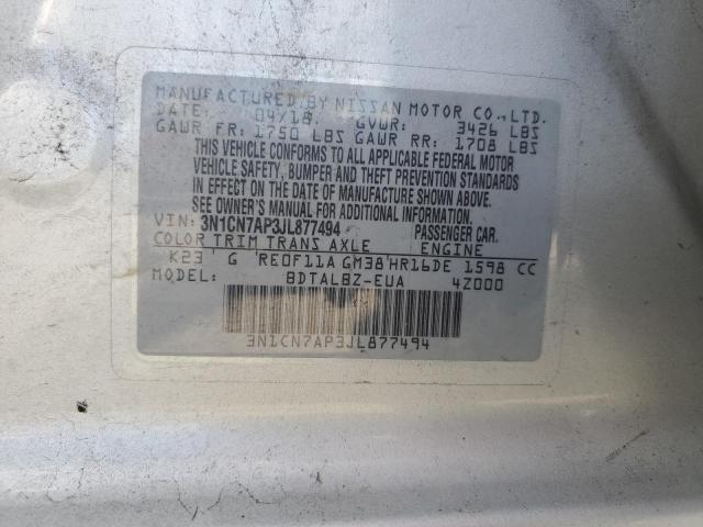 3N1CN7AP3JL877494 - 2018 NISSAN VERSA S SILVER photo 12