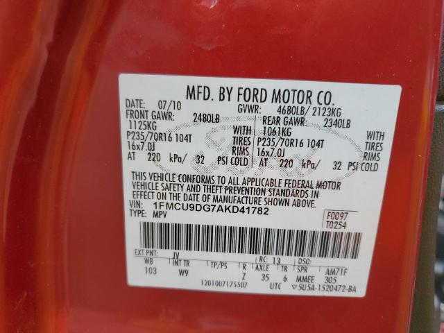 1FMCU9DG7AKD41782 - 2010 FORD ESCAPE XLT 红色 照片 13