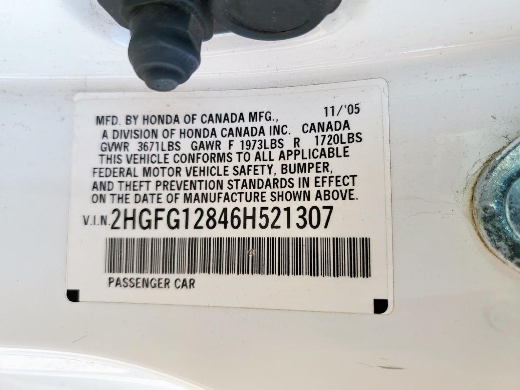 2HGFG12846H521307 - 2006 HONDA CIVIC EX 白色 照片 12