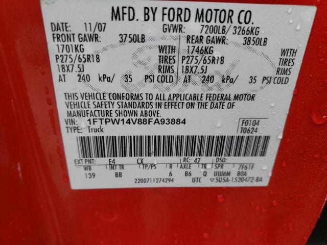 1FTPW14V88FA93884 - 2008 FORD F150 SUPERCREW RED photo 12