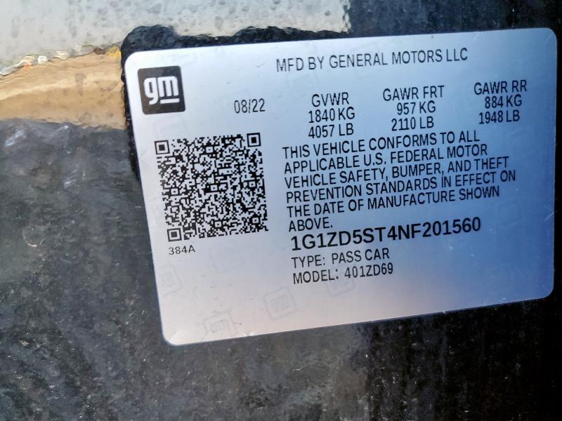 1G1ZD5ST4NF201560 - 2022 CHEVROLET MALIBU LT Қара фото 12