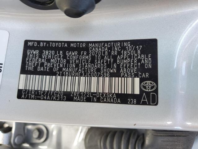 2T1BURHE3JC007596 - 2018 TOYOTA COROLLA L ვერცხლისფერი ფოტო 13