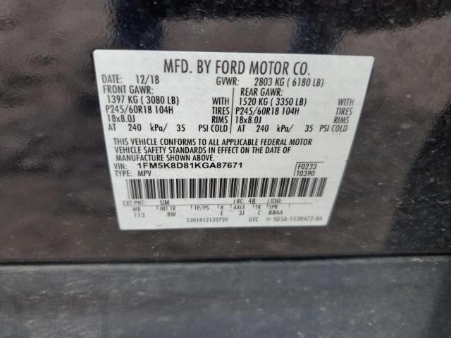 1FM5K8D81KGA87671 - 2019 FORD EXPLORER XLT 黑色 照片 13