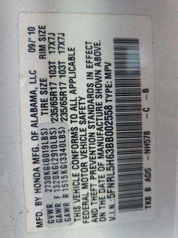 5FNRL5H63BB002558 - 2011 HONDA ODYSSEY EXL WHITE photo 13