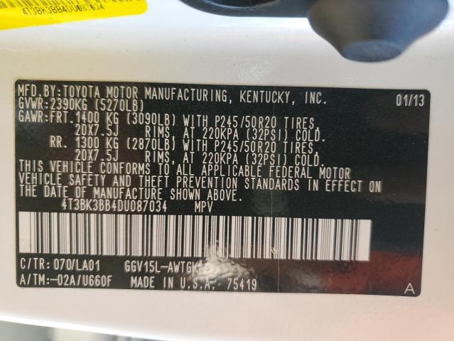 4T3BK3BB4DU087034 - 2013 TOYOTA VENZA LE WHITE photo 12