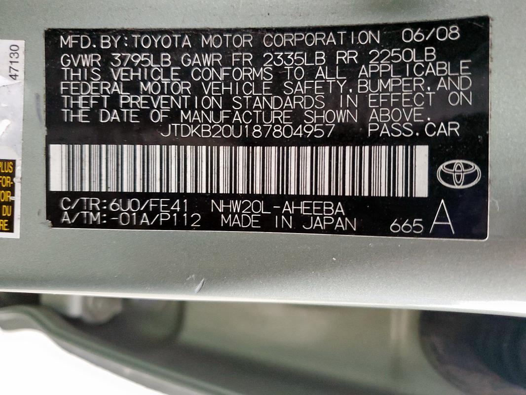 JTDKB20U187804957 - 2008 TOYOTA PRIUS GREEN photo 12