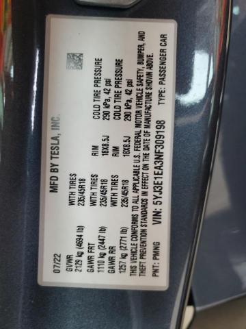 5YJ3E1EA3NF309198 - 2022 TESLA MODEL 3 ნაცრისფერი ფოტო 13