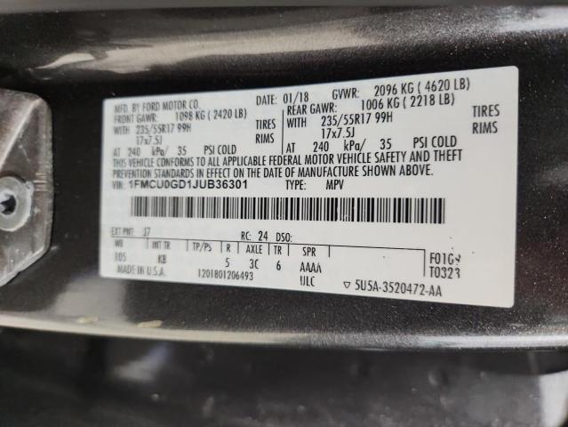 1FMCU0GD1JUB36301 - 2018 FORD ESCAPE SE 灰色 照片 13