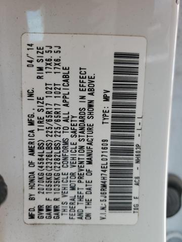 5J6RM4H74EL071609 - 2014 HONDA CR-V EXL WHITE photo 14