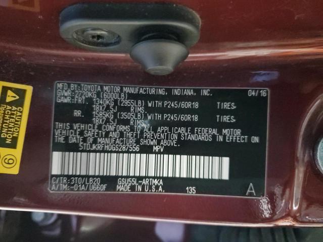 5TDJKRFH0GS287556 - 2016 TOYOTA HIGHLANDER XLE Tünd qırmızı foto 13