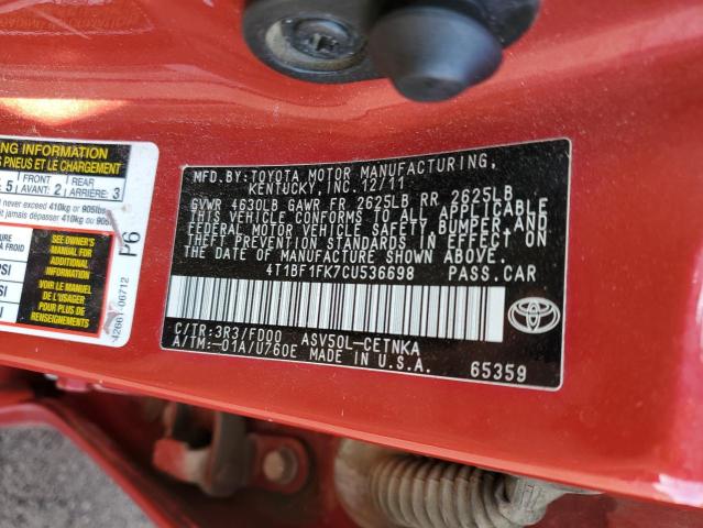 4T1BF1FK7CU536698 - 2012 TOYOTA CAMRY BASE RED photo 12