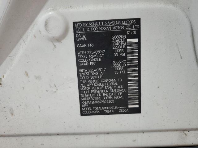 KNMAT2MT3KP528203 - 2019 NISSAN ROGUE S أبيض صورة 13