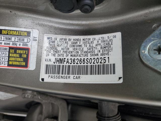 JHMFA36266S020251 - 2006 HONDA CIVIC HYBRID GRAY photo 12