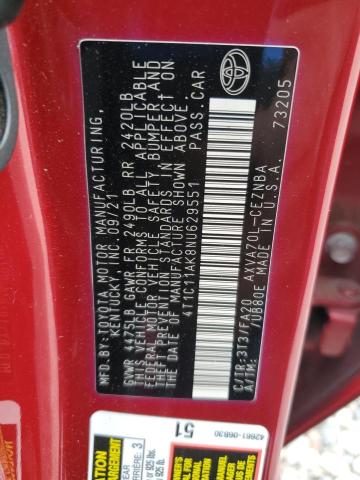 4T1C11AK8NU629551 - 2022 TOYOTA CAMRY LE 红色 照片 12
