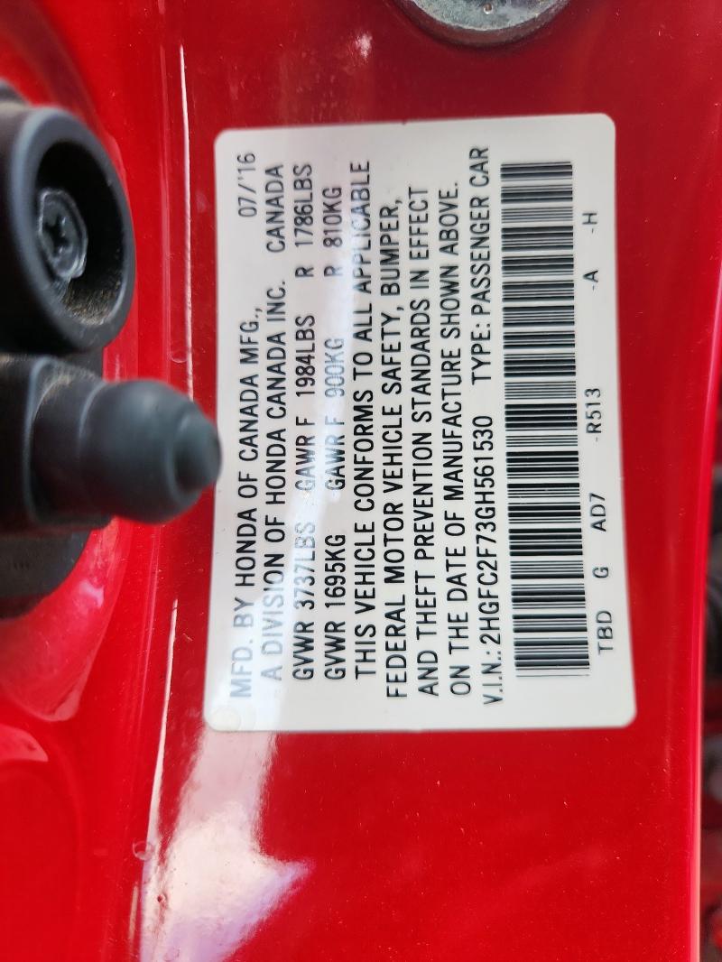 2HGFC2F73GH561530 - 2016 HONDA CIVIC EX RED photo 13