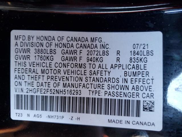 2HGFE2F52NH516293 - 2022 HONDA CIVIC SPORT 黑色 照片 12