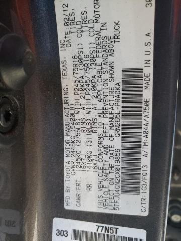 5TFJU4GN2CX019856 - 2012 TOYOTA TACOMA DOUBLE CAB PRERUNNER GRAY photo 12