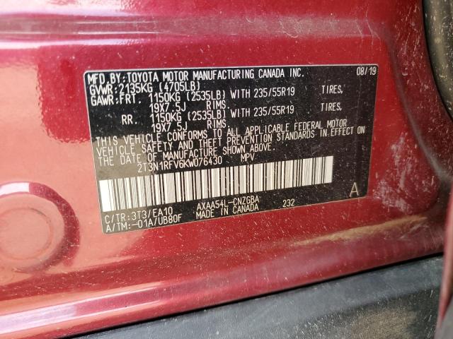 2T3N1RFV6KW076430 - 2019 TOYOTA RAV4 LIMITED RED photo 13