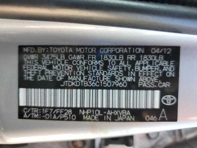 JTDKDTB36C1507960 - 2012 TOYOTA PRIUS C ვერცხლისფერი ფოტო 12