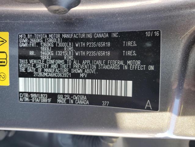 2T2BZMCA6HC063921 - 2017 LEXUS RX 350 BASE GRAY photo 13