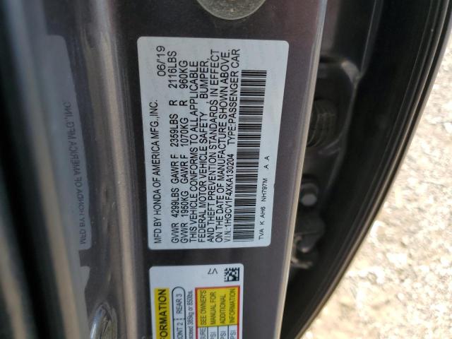 1HGCV1F4XKA130204 - 2019 HONDA ACCORD EX GRAY photo 12