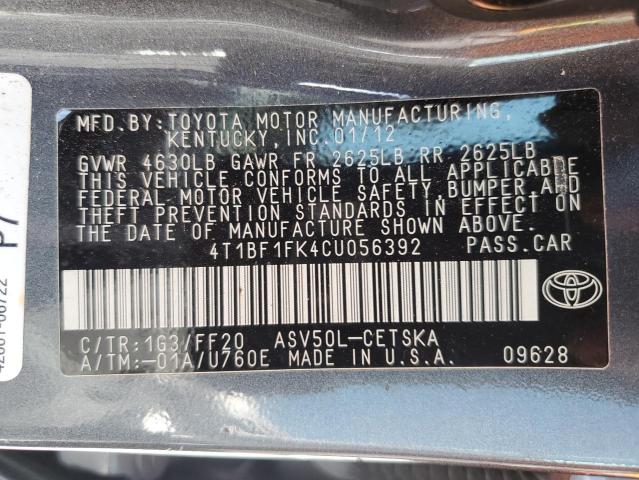 4T1BF1FK4CU056392 - 2012 TOYOTA CAMRY BASE GRAY photo 13