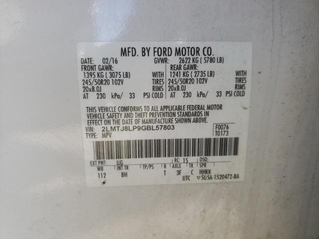 2LMTJ8LP9GBL57803 - 2016 LINCOLN MKX RESERVE თეთრი ფოტო 10